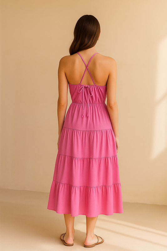 Maxi Dress with Halter, Slit, and Layered Skirt – Summery and Versatile