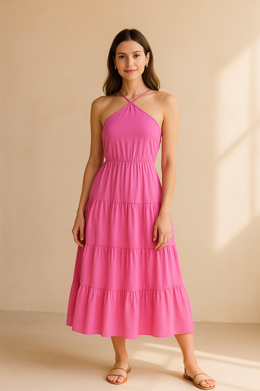 Maxi Dress with Halter, Slit, and Layered Skirt – Summery and Versatile